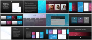 Web sitesi tasarımı, sunumlar, portföy için vektör şablonları. Sunum slaytları, broşürler, broşürler, raporlar için şablonlar. Noktaları ve çizgileri birleştiren çokgen bilim arkaplanı.