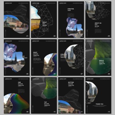 Broşür kapakları için A4 broşür tasarım şablonları, broşür tasarımı, rapor, sunum, dergi kapağı, kitap tasarımı. Geometrik eğri şekilli basit bir arkaplan.