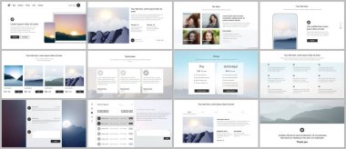 Web sitesi tasarımı, sunumlar, portföy, sunum slaytları, broşür kapağı, rapor için vektör şablonları. Sis, sabah gün doğumu ve akşam gün batımı. Dağlı doğa manzarası.
