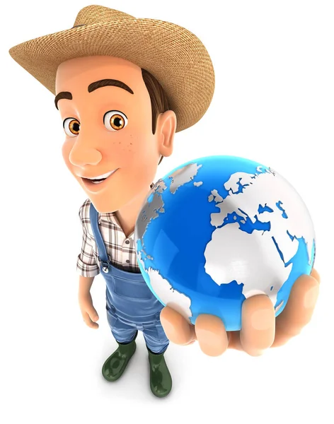 Farmer Holding Blue Earth Illustration Isolated White Background — Stock Photo, Image