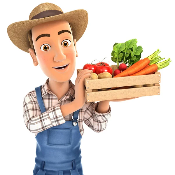 Jordbrukare Hålla Låda Grönsaker Illustration Med Isolerade Vit Bakgrund — Stockfoto