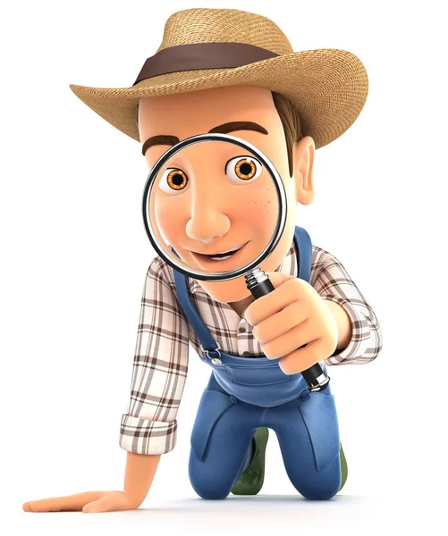 3d farmer looking through a magnifying glass, illustration with isolated white background