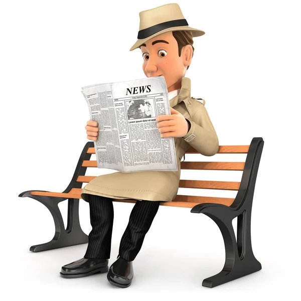 侦探读报纸在公开板凳 例证以被隔绝的白色背景 — 图库照片