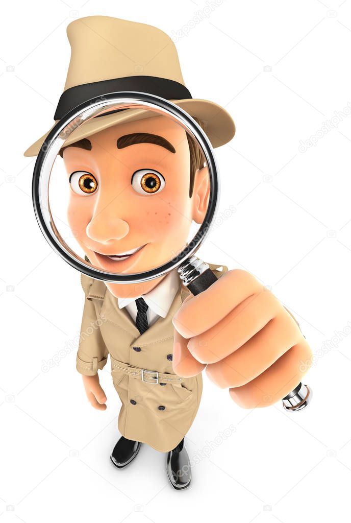 3d detective looking into a magnifying glass, illustration with isolated white background