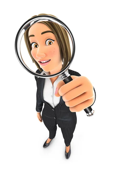 3d business woman looking into a magnifying glass — Φωτογραφία Αρχείου