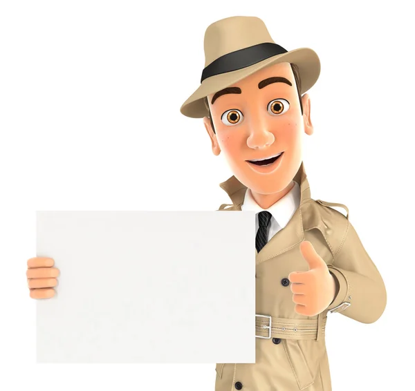 3d detective sosteniendo pancarta con el pulgar hacia arriba — Foto de Stock