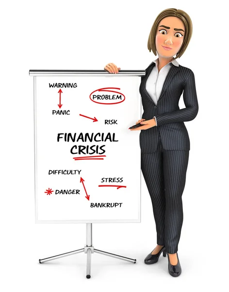3d business woman writing financial crisis on paperboard — Stock Photo, Image