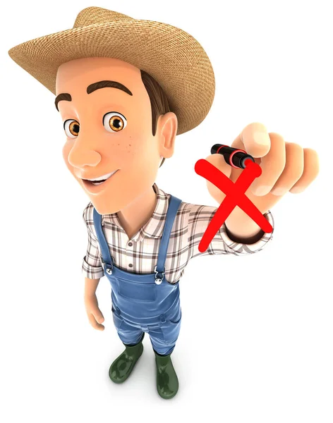 3d farmer drawing red cross check mark — Stock Photo, Image