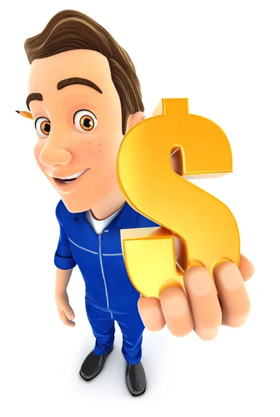 3d mechanic holding gold dollar sign — Stock Photo, Image