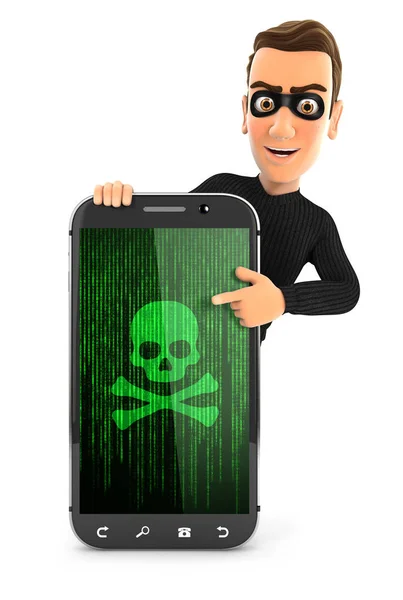 3d thief pointing to hacked smartphone — Stock Photo, Image