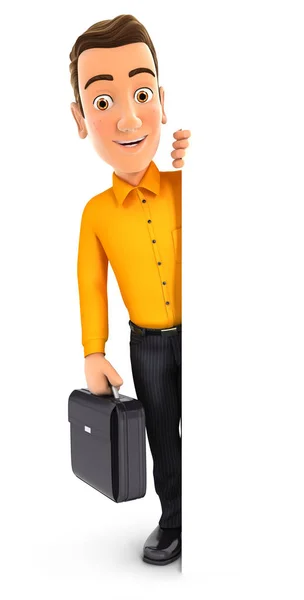 3D man met koffer achter lege muur — Stockfoto