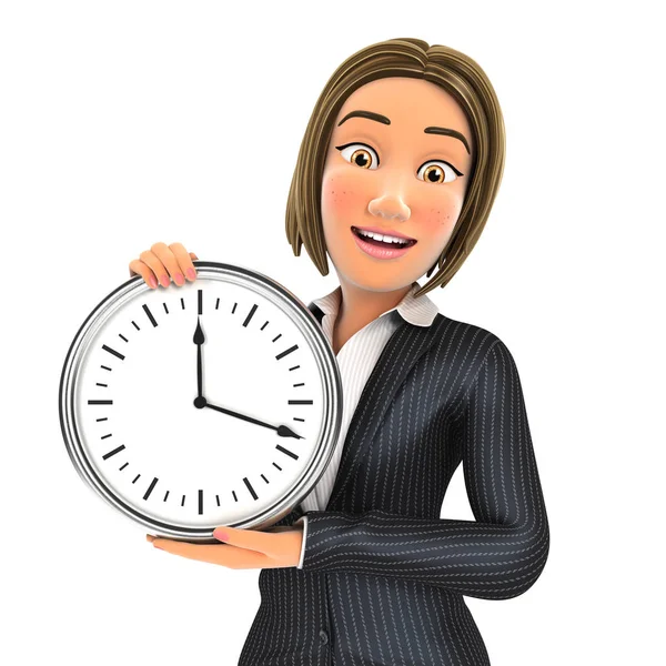 Mujer de negocios 3d mostrando un reloj de pared —  Fotos de Stock