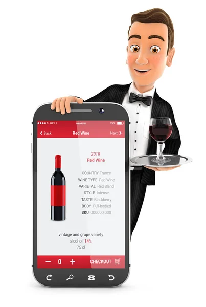 3d waiter standing behind smartphone — Stock Photo, Image