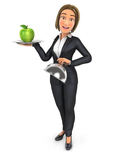 3D γυναίκα επιχείρηση κρατώντας εστιατόριο Κλος με μήλο — Φωτογραφία Αρχείου