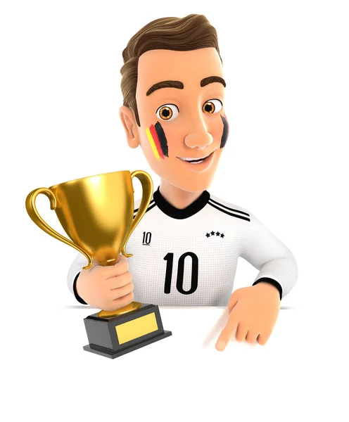 3D tyska fotbollsfan med Trophy Cup pekar på tom vägg — Stockfoto