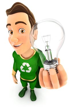 3D yeşil kahraman elinde bir ampul tutuyor.