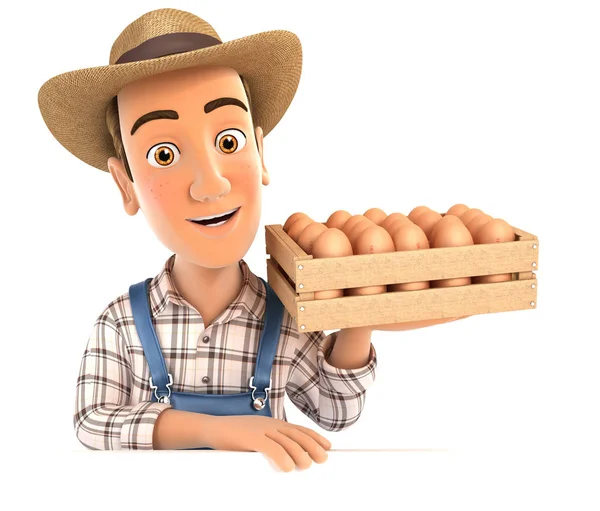 3d agricultor sosteniendo caja de madera de huevos —  Fotos de Stock