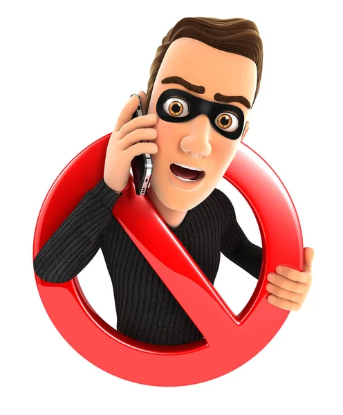 3d ladrão no telefone cercado por um sinal proibido — Fotografia de Stock