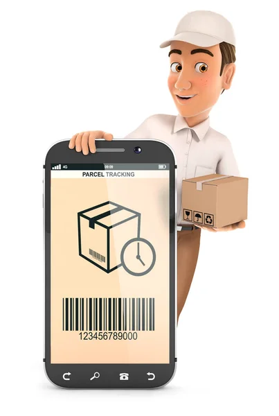 3D delivery man στέκεται πίσω από το smartphone με πακέτο — Φωτογραφία Αρχείου