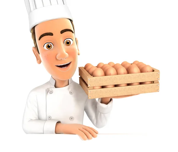 Chefe de cozinha 3d segurando caixa de madeira de ovos — Fotografia de Stock