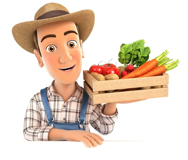 3D-bonde som håller trälåda med grönsaker — Stockfoto
