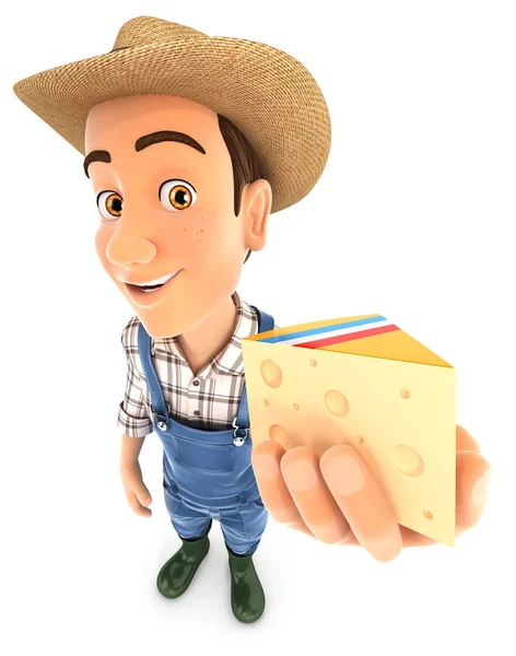3d farmer holding piece of cheese — Stock Photo, Image