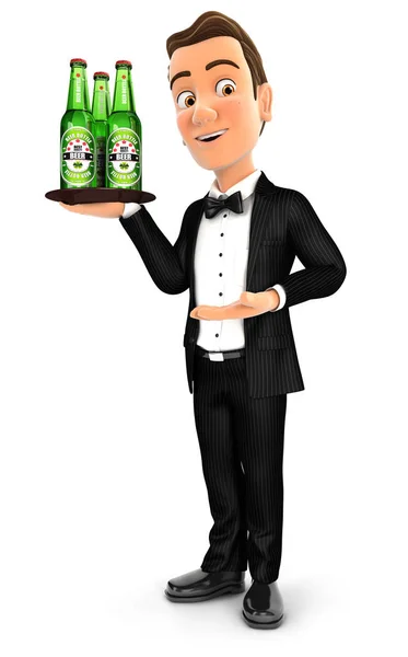 3D servitör stående med ölflaskor — Stockfoto