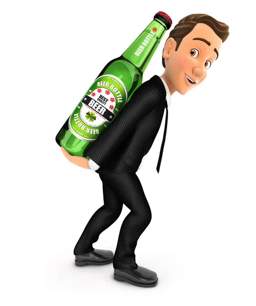 Camarero 3d llevando botella de cerveza en su espalda — Foto de Stock