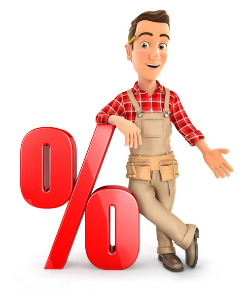 3d handyman leaning against percent sign — Stock Photo, Image