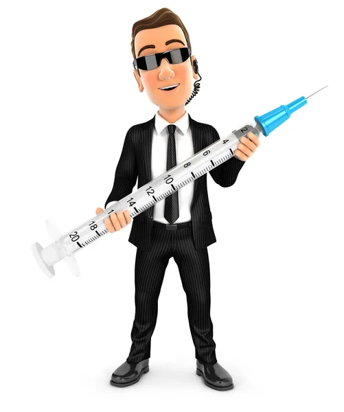 3d security agent standing and holding syringe, illustration with isolated white background