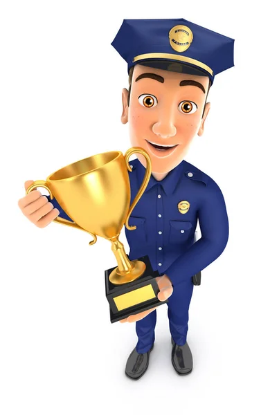Policjant Stojący Złotym Pucharem Trofeum Ilustracja Odizolowanym Białym Tle — Zdjęcie stockowe