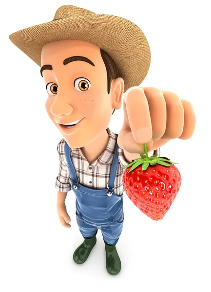 3D农民手持草莓 带有孤立的白色背景说明 — 图库照片