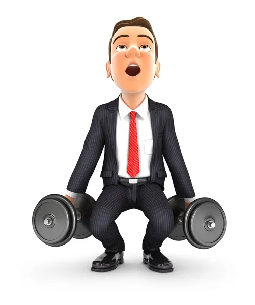 3d businessman trying to lift heavy dumbbell, illustration with isolated white background