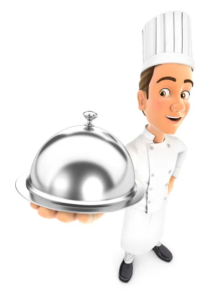 Chefkoch Steht Und Hält Restaurant Cloche Illustration Mit Isoliertem Weißem — Stockfoto