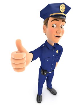 3D polis baş parmağıyla ayakta duruyor, görüntü izole beyaz arka planda.