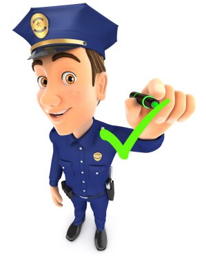 3D polis memuru, izole edilmiş beyaz arkaplan ile pozitif onay işareti çiziyor.