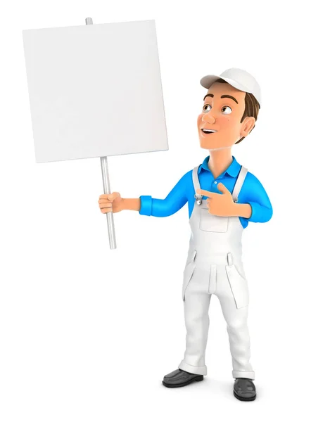 Painter Holding Blank Sign Board Illustration Isolated White Background — Stock Photo, Image