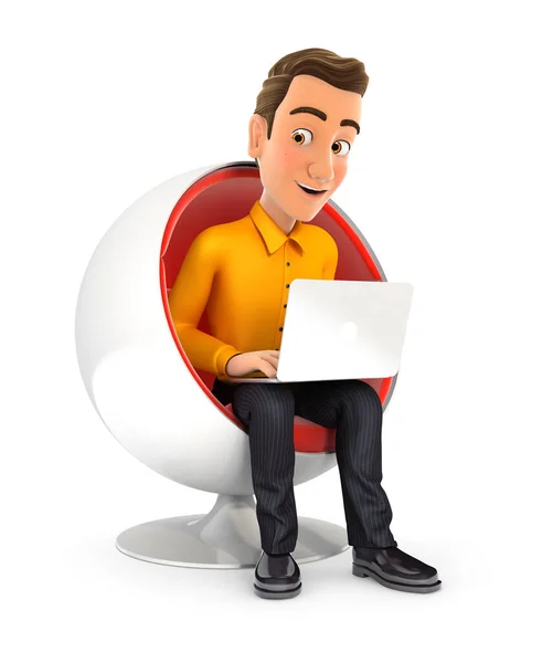 3D人坐在圆形椅子上 用笔记本电脑 用孤立的白色背景作插图 — 图库照片