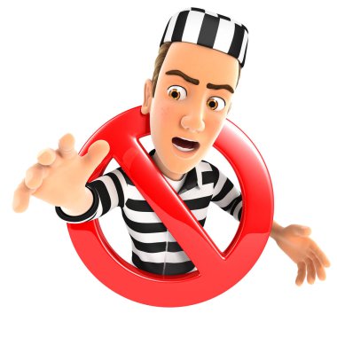 Yasak bir işaretle çevrili 3D mahkum, izole edilmiş beyaz arkaplan resimli.