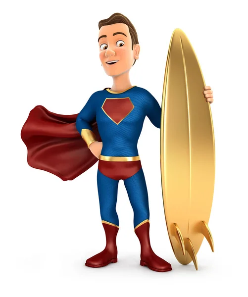 Superbohater Stojący Złotą Deską Surfingową — Zdjęcie stockowe