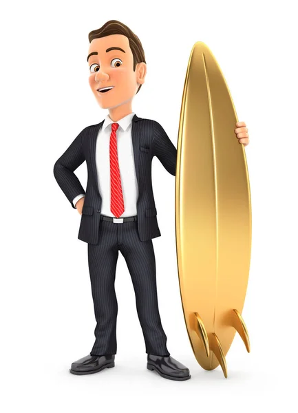 3D商人站在金冲浪板上 用孤立的白色背景作例证 — 图库照片