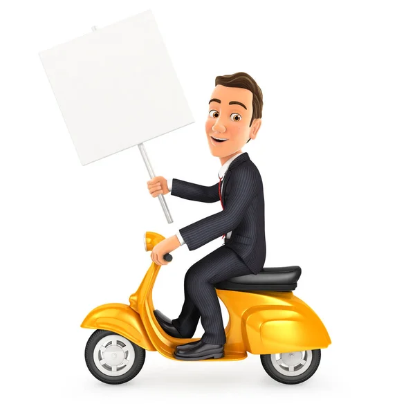 3Dビジネスマンは 空白の看板とスクーターに乗って 孤立した白い背景を持つイラスト — ストック写真