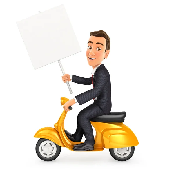 Businessman Riding Scooter Blank Sign Board Illustration Isolated White Background — Stock Photo, Image