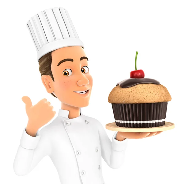 Chef Kok Met Grote Cupcake Met Duim Omhoog Illustratie Met — Stockfoto