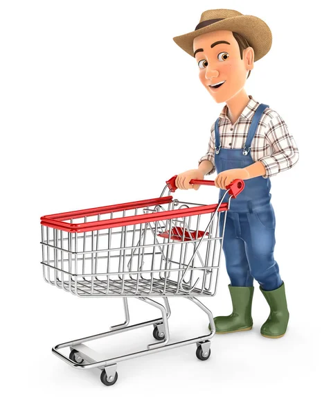 Rolnik Pchając Wózek Supermarket Ilustracja Odizolowanym Białym Tle — Zdjęcie stockowe
