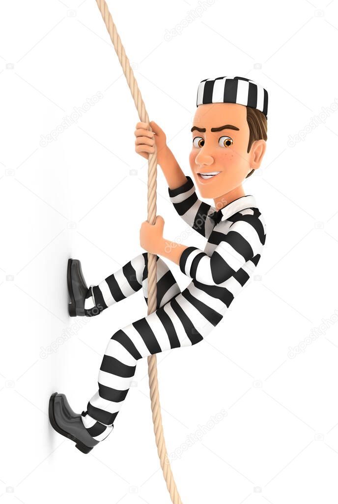 3d convict climbing a rope, illustration with isolated white background