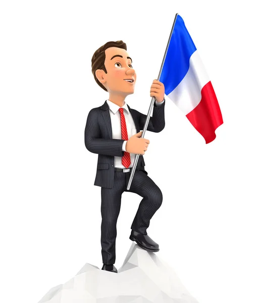 3D商人手持法国国旗在山顶上 以孤立的白色背景作为例证 — 图库照片
