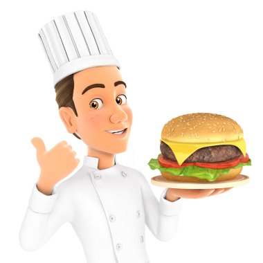 3D baş aşçı, başparmağı havada büyük bir hamburger tutuyor. Görüntü, izole edilmiş beyaz bir arka plan.