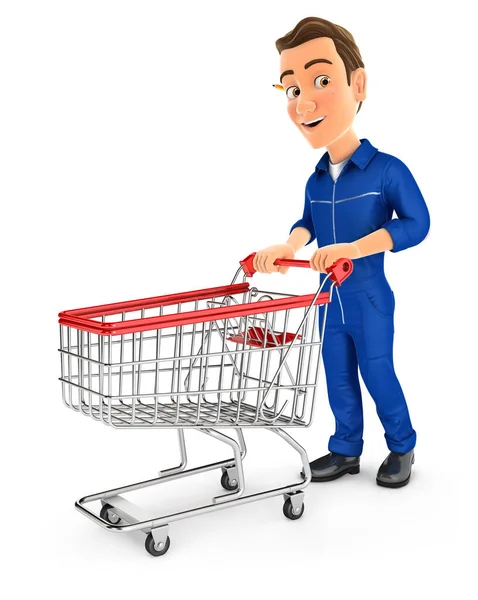 Mechaniker Schiebt Supermarkt Einkaufswagen Illustration Mit Isoliertem Weißem Hintergrund — Stockfoto
