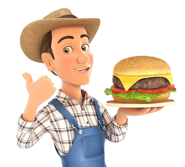 3D农民拿着大号汉堡包 大拇指向上 用孤立的白色背景说明 — 图库照片